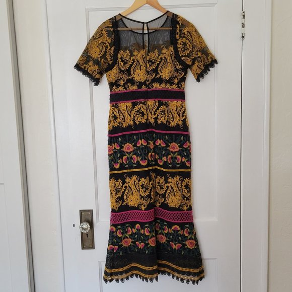 Anthropologie Jacquin Embroidered Floral and Paisley Midi Dress, Size 4 - Picture 3 of 12